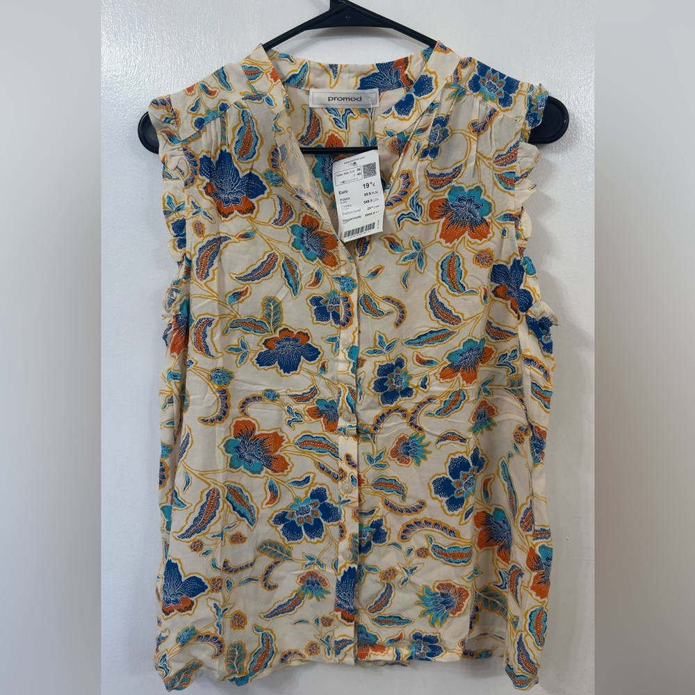 Promod Cream Floral Sleeveless Blouse with Blue & Orange Accents